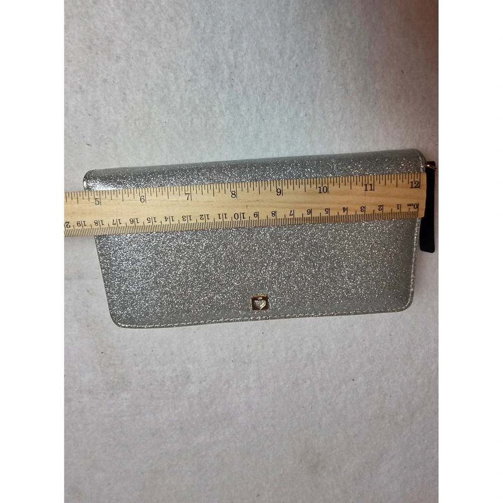 Kate Spade Silver Glitter Zip Around Wallet Metallic Anthracite Tassel Accordion